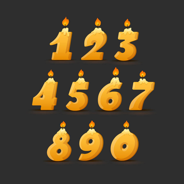 Set of colorful birthday candle numbers. Wick and fire. Vector I - Vector, Imagen
