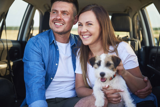 Hymyilevä pari ja heidän koiransa istuvat auton takakontissa
  - Valokuva, kuva