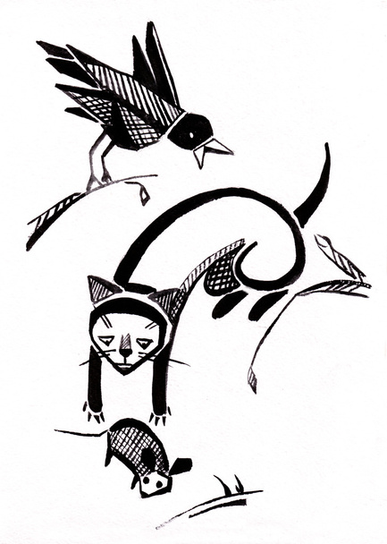 Cat and raven - Zdjęcie, obraz
