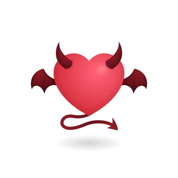Любовь дьявола с векторной иллюстрацией крыльев демонов. символ сердца с рогом и значком хвоста. простой графический дизайн для злых отношений
. - Вектор,изображение