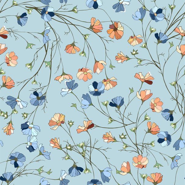 Simple floral background with flowers on a blue background. Drawn floral textures. Blue ornament to decorate fabrics, tiles and paper and wallpaper on the wall. - Vector, Image
