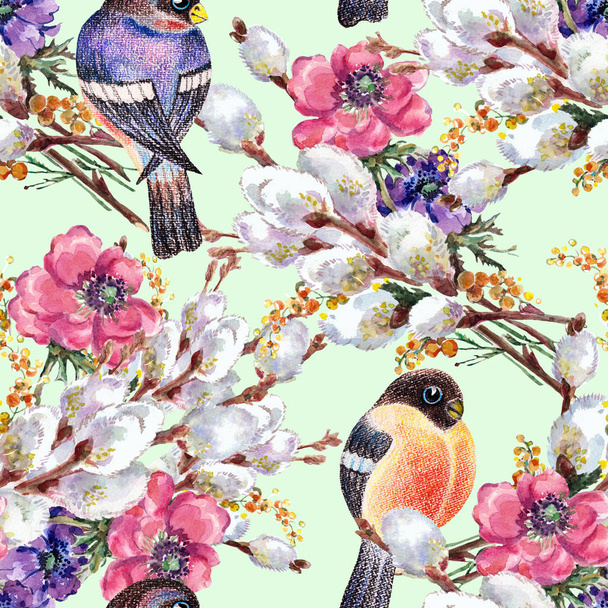 Watercolor bird bullfinch with bouquet flowers willow and anemone. Spring seamless pattern on green background. - Foto, Imagen