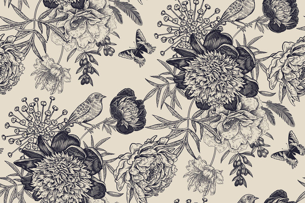 Floral seamless pattern with garden flowers peonies, bird and bu - Vector, afbeelding