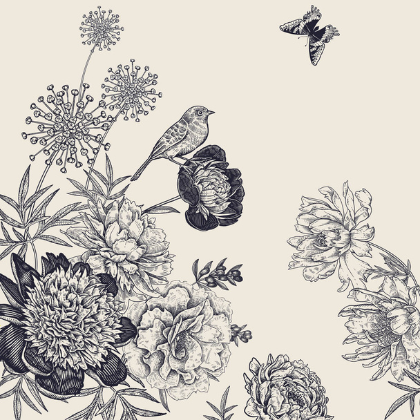 Vintage botanik dekorasyon. Çiçekler, kelebekler ve kuşlar. - Vektör, Görsel