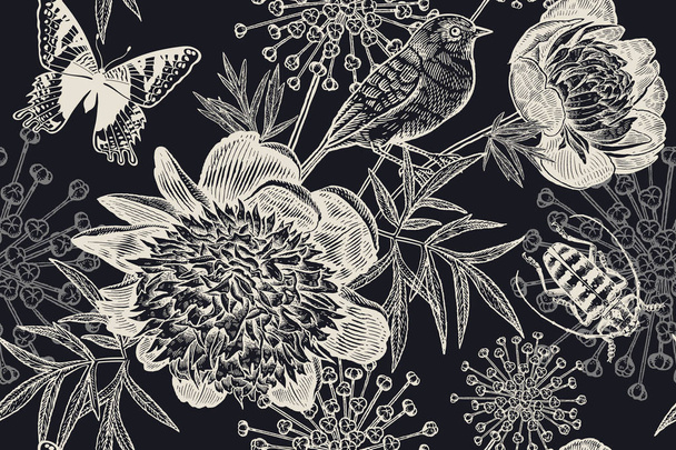  Black and white floral seamless background. Peonies, bird, beet - Vetor, Imagem