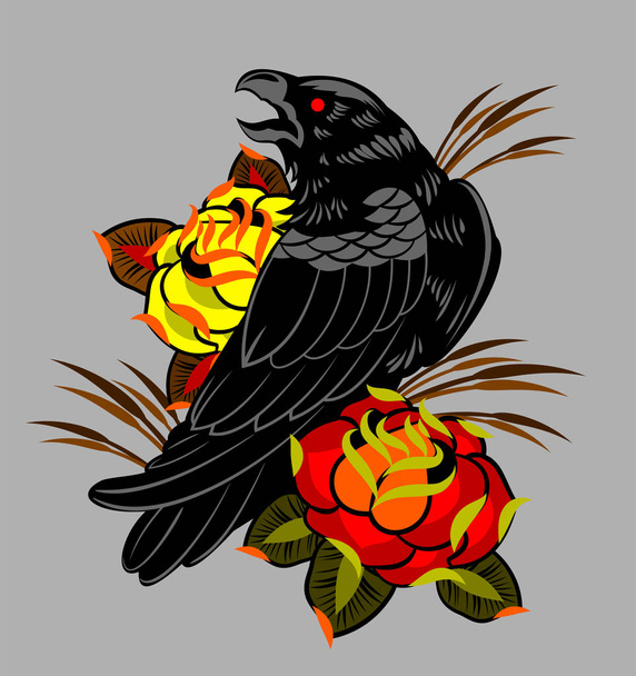Cuervo y rosas, estilo old school
 - Vector, Imagen