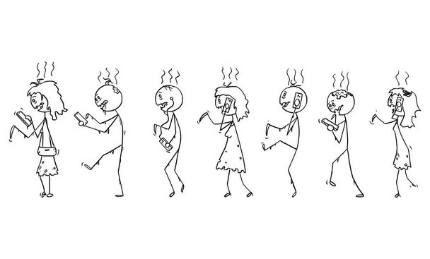 Векторный мультфильм о зомби или мертвецах, гуляющих по улице и пользующихся мобильными телефонами или сотовыми телефонами
 - Вектор,изображение