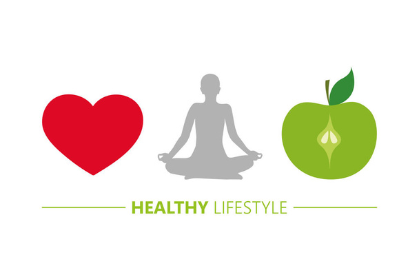 healthy lifestyle concept heart yoga and green apple - Vector, Image