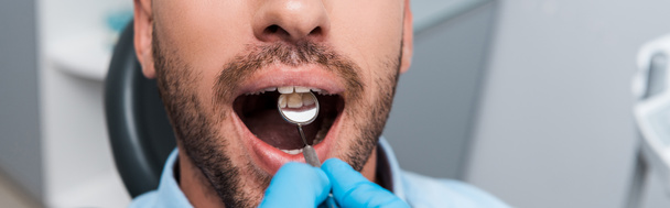 plano panorámico del dentista sosteniendo el espejo dental en la boca del paciente barbudo
  - Foto, Imagen