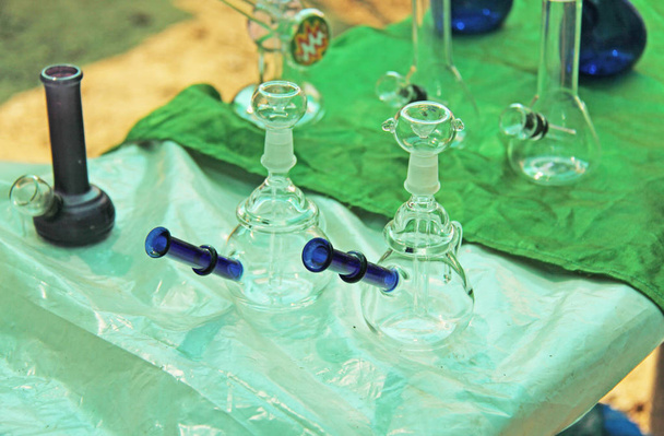 Glass vessel pipe for inhaling drugs, herbs marijuana - Photo, Image