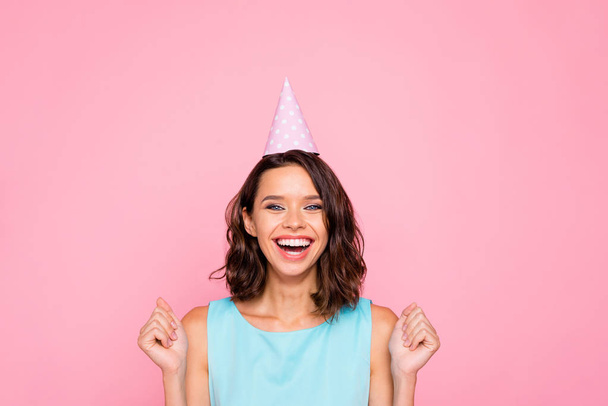 Close up photo amazing beautiful she her lady attractive pretty appearance birthday cap head hooray unexpected congrats b-day wear shiny colorful blue dress isolated pink bright vivid background - Photo, image