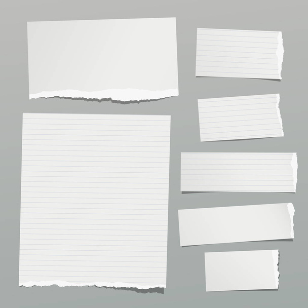 Conjunto de notas rasgadas, cuaderno forrado y hojas de papel en blanco, tiras pegadas sobre fondo gris. Ilustración vectorial
 - Vector, Imagen