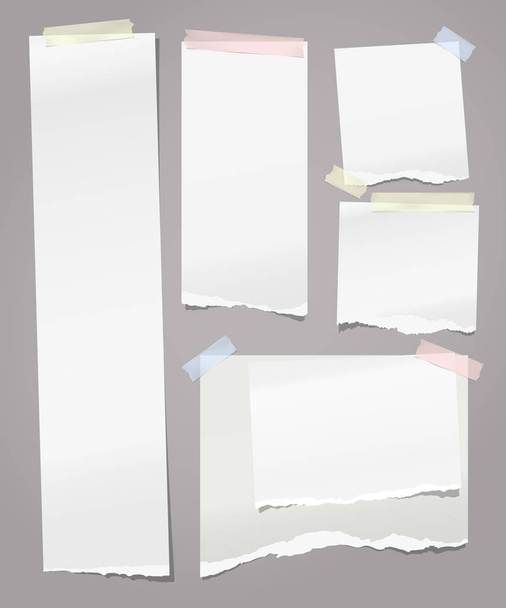 Torn note, notebook paper strips stuck with sticky tape on grey background. Vector illustration - Вектор,изображение