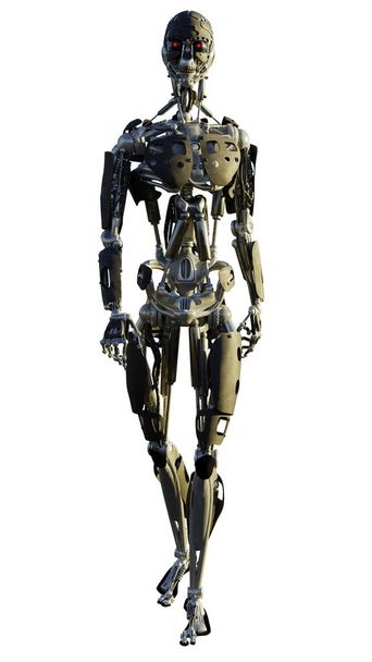 Illustrazione fantascientifica di un robot umanoide futuristico che cammina in avanti, illustrazione resa digitale 3d
 - Foto, immagini