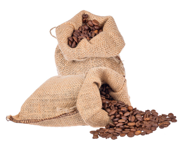 granos de café marrón en dos sacos de arpillera
 - Foto, imagen