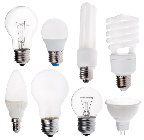 huit lampes électriques différentes isolées sur blanc - Photo, image