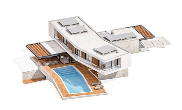 Renderowanie 3D nowoczesnego domu na wzgórzu z basenem izolowanym w - Zdjęcie, obraz