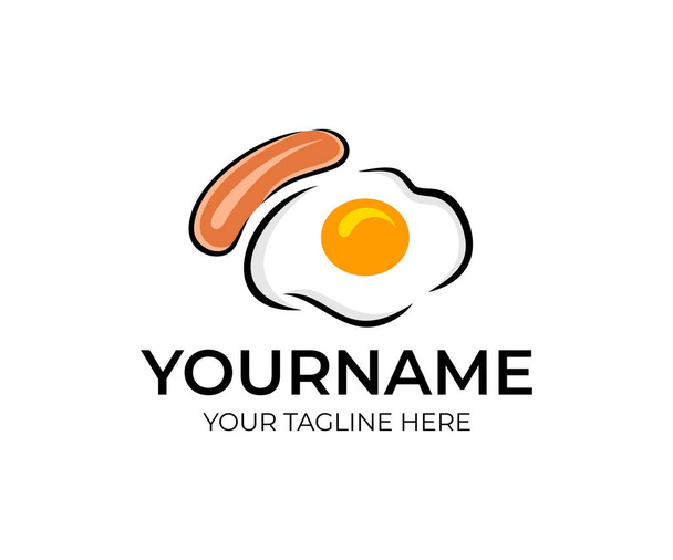 Жареные яйца или омлет с колбасой или франкфуртером, дизайн логотипа. Еда и напитки, завтрак, закусочная и ресторан, векторный дизайн и иллюстрация - Вектор,изображение