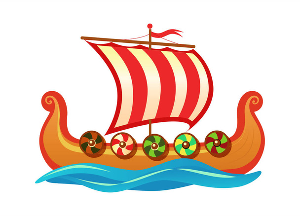 Drakkar - Scandinavian longship of Vikings - Vector colorful Cartoon icon illustration for Travel tour agency. - Vetor, Imagem