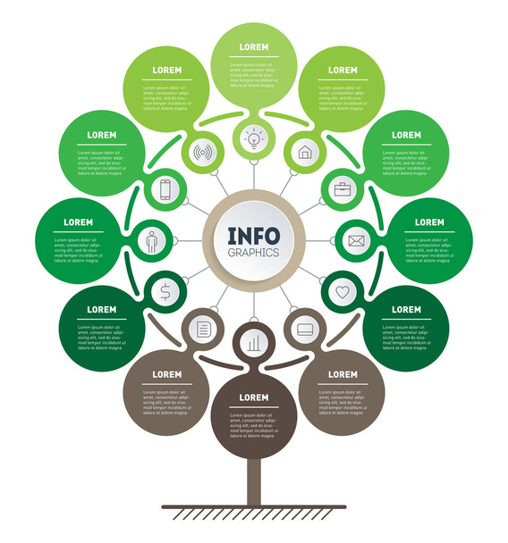 Grafický informační obrázek zeleného technologického nebo vzdělávacího procesu s 12 body. Šablona stromu, informačního grafu nebo diagramu Koncept vertikální ekologické prezentace s 12 možnostmi nebo měsíci - Vektor, obrázek