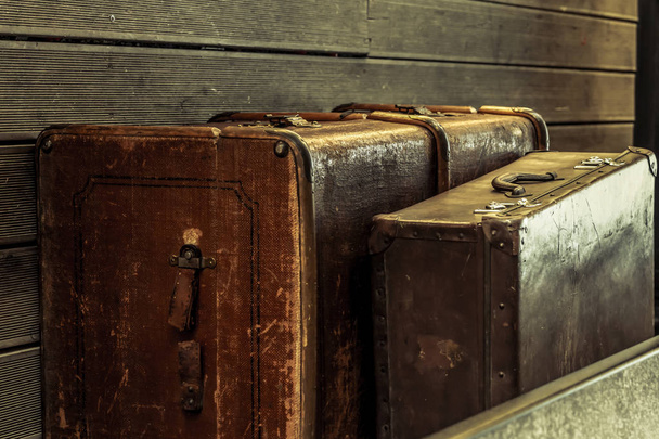 brown luggage pair old shabby suitcase train station close up design travel - Zdjęcie, obraz