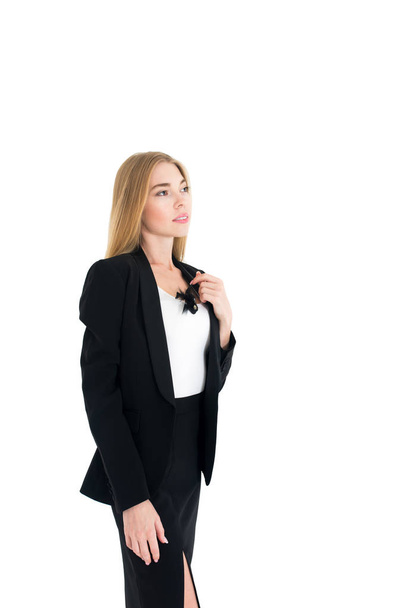 Full body portrait of happy beautiful young businesswoman, isolated on white background. Caucasian blond model in business success concept. - Fotografie, Obrázek