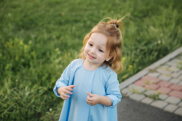 Malá holčička v modrých šatech procházka v parku - Fotografie, Obrázek