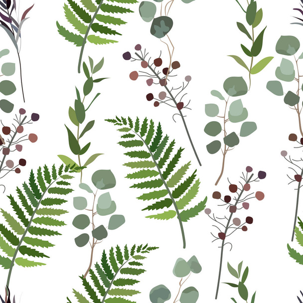 Seamless pattern of green plants on white background. For weddin - Vector, imagen