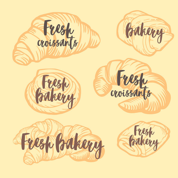 Bakery shop design. Delicious croissants, pies and buns. Vintage design. - Vector, afbeelding