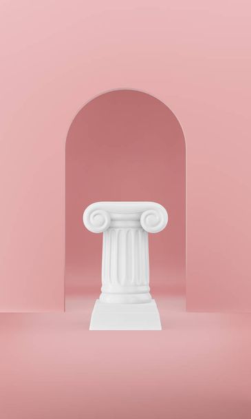 Abstract podium column on the pink background with arch. The victory pedestal is a minimalist concept. 3D rendering. - Foto, imagen