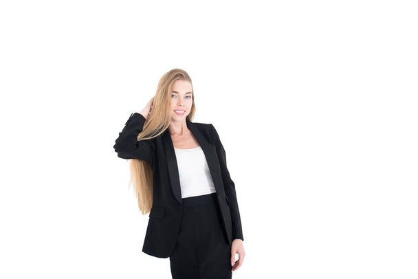 Classic studio portrait of smiling positive business woman on white background. Isolated - 写真・画像