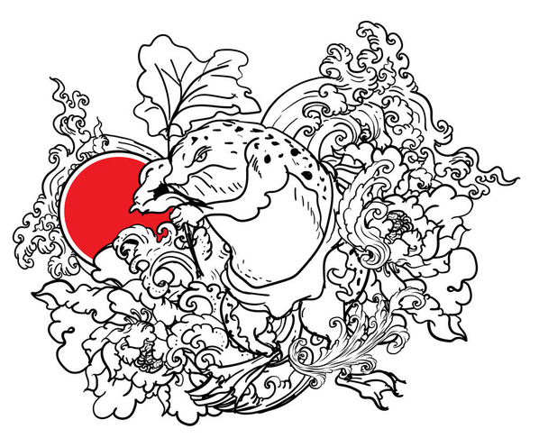 Traditionele Japanses kikker Tattoo met water Wave en Peony bloem en Lotus blad en rode zon. Groene kikker met Japanse Wave vector en behang stijl. - Vector, afbeelding