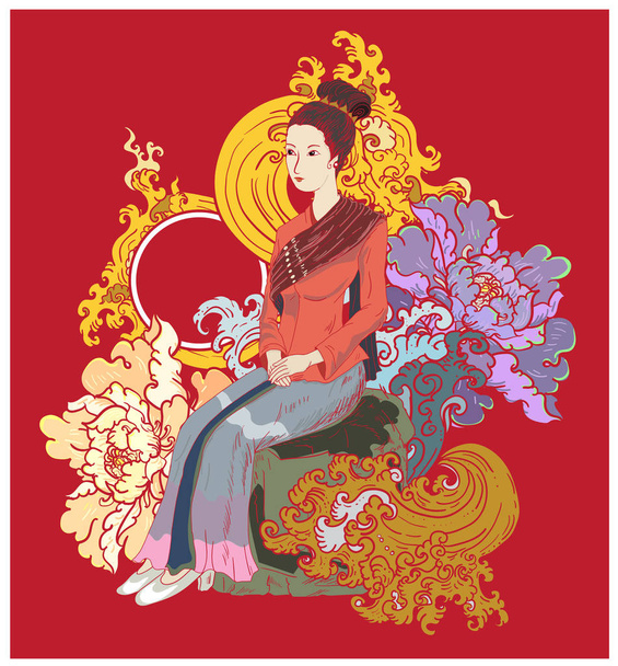 Ταϊλανδός/ή κυρία με παραδοσιακό κουστούμι με λουλούδι παιωνία και βουτιά στο νερό και κόκκινο ήλιο. Σχεδιασμός για ταπετσαρία και τατουάζ. Ταϊλανδός/ή όμορφα κορίτσι εικονογράφηση και βιβλίο ζωγραφικής. - Διάνυσμα, εικόνα