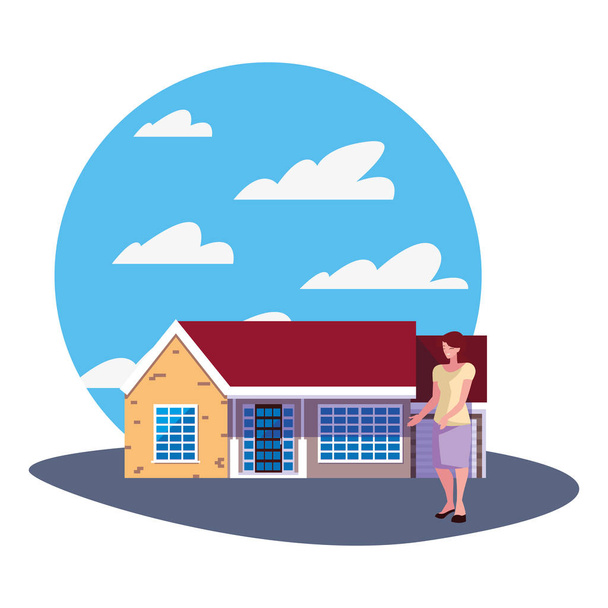 woman character standing front house - Vector, Image