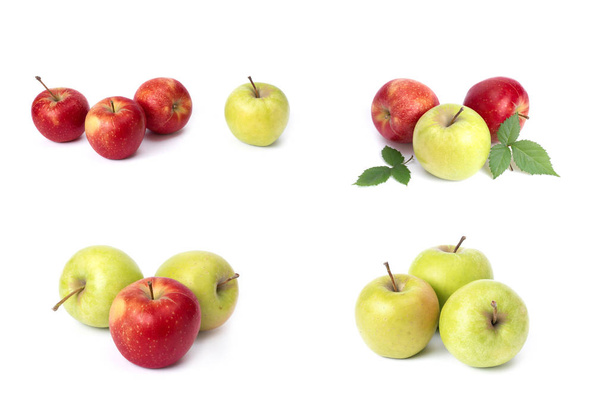 Σετ κόκκινων μήλων σε λευκό φόντο. Ζουμερά μήλα κόκκινου χρώματος με κίτρινες κηλίδες σε λευκό φόντο. Η σύνθεση των ζουμερά κόκκινα μήλα - Φωτογραφία, εικόνα