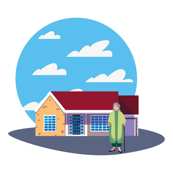 grandmother standing in front of the house - Vector, Image
