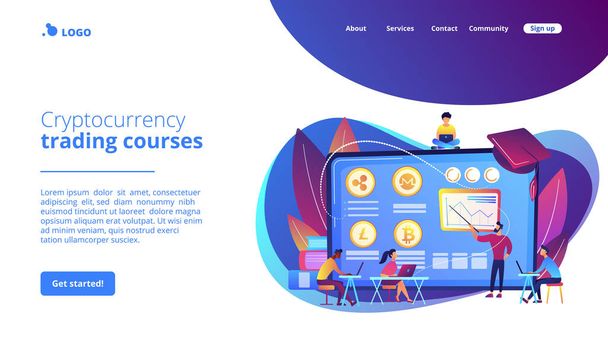 Cryptocurrency trading courses concept landing page - Vector, Image