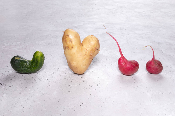 Cztery brzydkie warzywa: ziemniaki, ogórek i rzodkiewka na szarym tle betonowym. - Zdjęcie, obraz