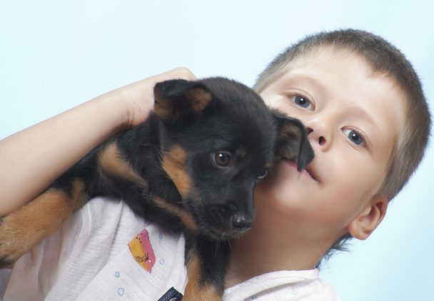 Muotokuva pikkupojasta, jolla on hauskaa koiransa kanssa
 - Valokuva, kuva