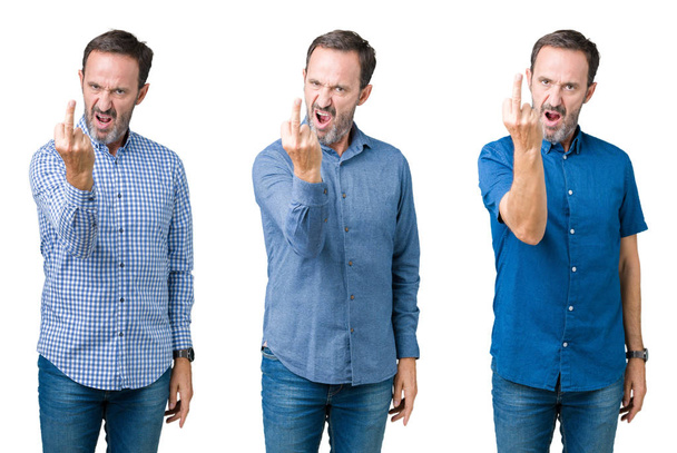 Collage de guapo senior hombre sobre blanco aislado fondo mostrando el dedo medio, descortés y grosero joder off expresión
 - Foto, Imagen