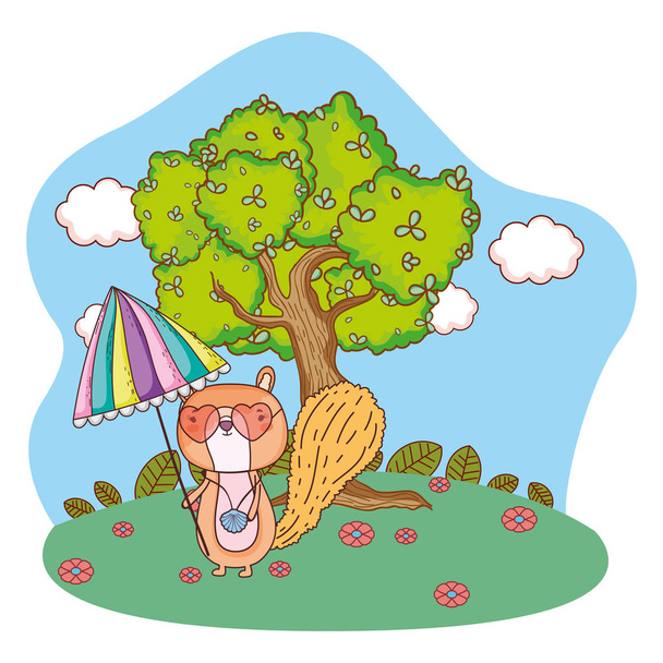 chipmunk with umbrella and sunglasses in the field - Vector, Image