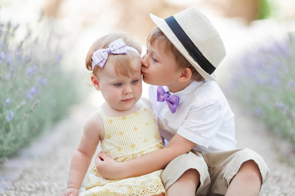 Little brother kisses his sister on the cheek near the blooming lavender. Warm summer. Spring. - Photo, Image