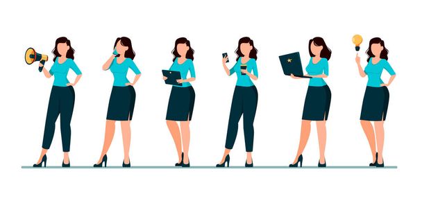 Business woman cartoon character, set of six poses - Vector, Image