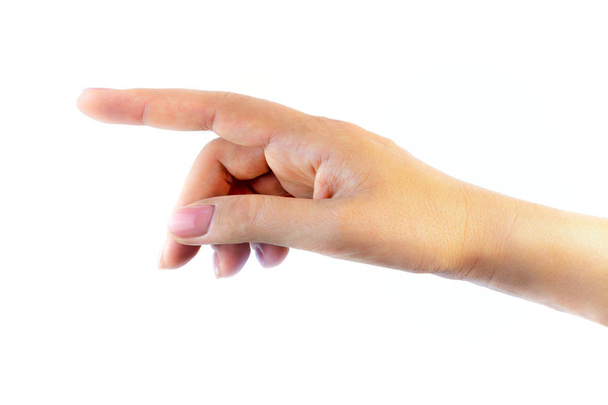 Femme main avec doigt pointant vers quelque chose découpé sur un blanc
  - Photo, image