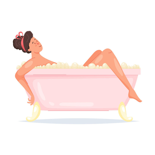 Young brunette woman take a bath in pink bathtub - Διάνυσμα, εικόνα