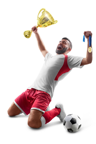 Soccer wins. Professional soccer player celebrates winning the open stadium. Sport. Joy of life. Isolated on white background - Foto, afbeelding