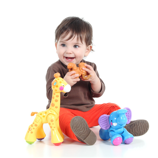 Pretty little baby girl playing with animal toys - Zdjęcie, obraz