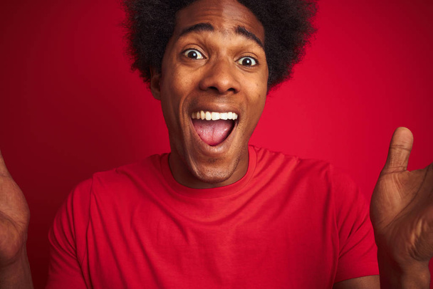 Молодой американец с афроволосами в футболке, стоящей на изолированном красном фоне, очень счастлив и взволнован, выражение победителя празднует победу крича с большой улыбкой и поднятыми руками
 - Фото, изображение
