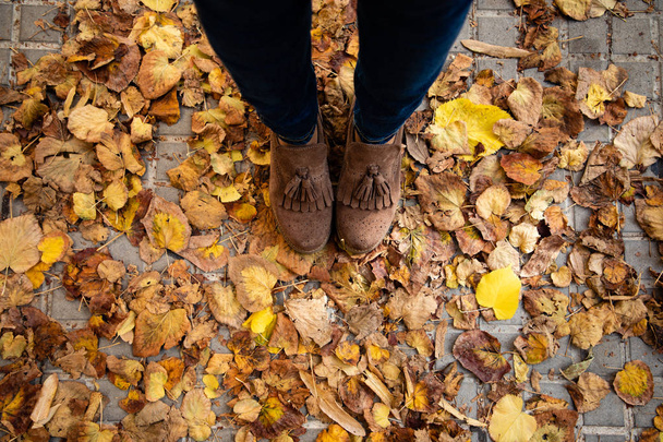 Pie de niña con hojas de otoño en el suelo
 - Foto, Imagen