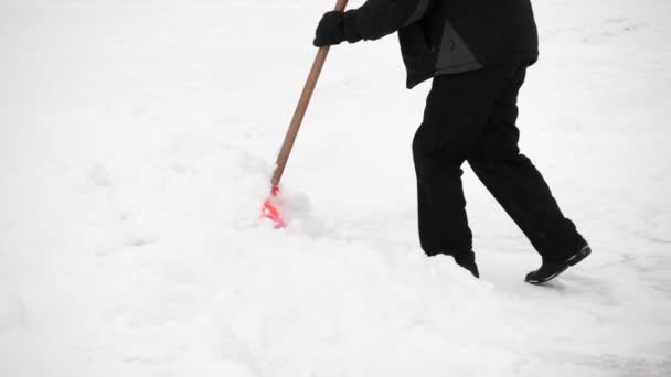 Ο αγνώριστο άτομο με φτυάρι καθαρίζει το χιόνι κάνοντας ένα μονοπάτι. - Πλάνα, βίντεο